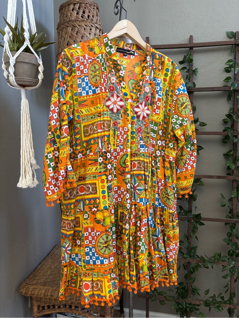 Colori Di Mare Majolica Print Embellished Mini Dress Boho Tassel Hem Tunic - Picture 5 of 13